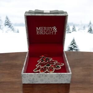 Merry Christmas Crystal Rhinestone Gold Color Tree Star Pin Brooch